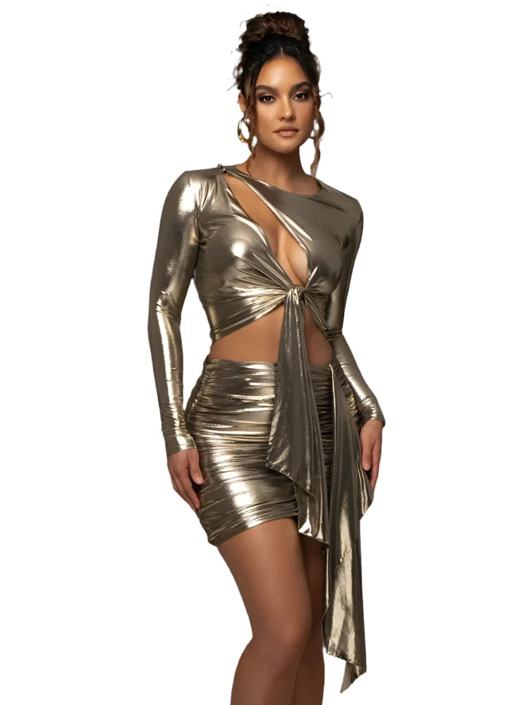 Metallic Hollow Out Skirt Set