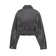 Load image into Gallery viewer, Grey Buckle Cropped Denim Jacket
