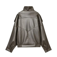 Load image into Gallery viewer, Green Stand Collar Zip-Up Leather Jacket
