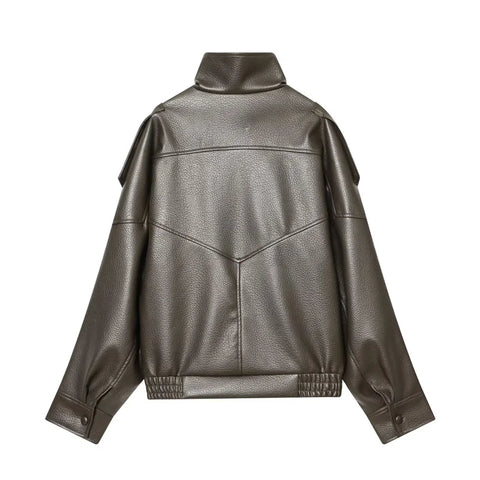 Green Stand Collar Zip-Up Leather Jacket
