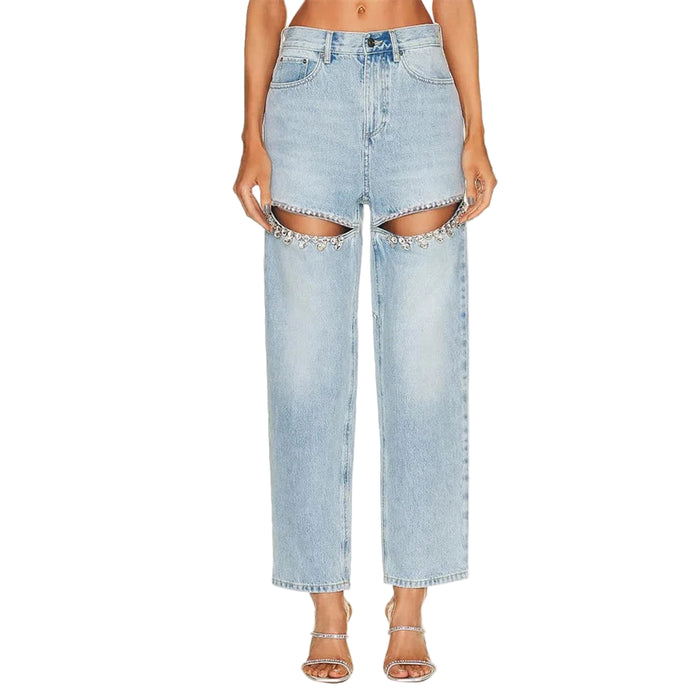 Crystal Hollow Out Wide-Leg Denim Jeans-Modern Baby Las Vegas