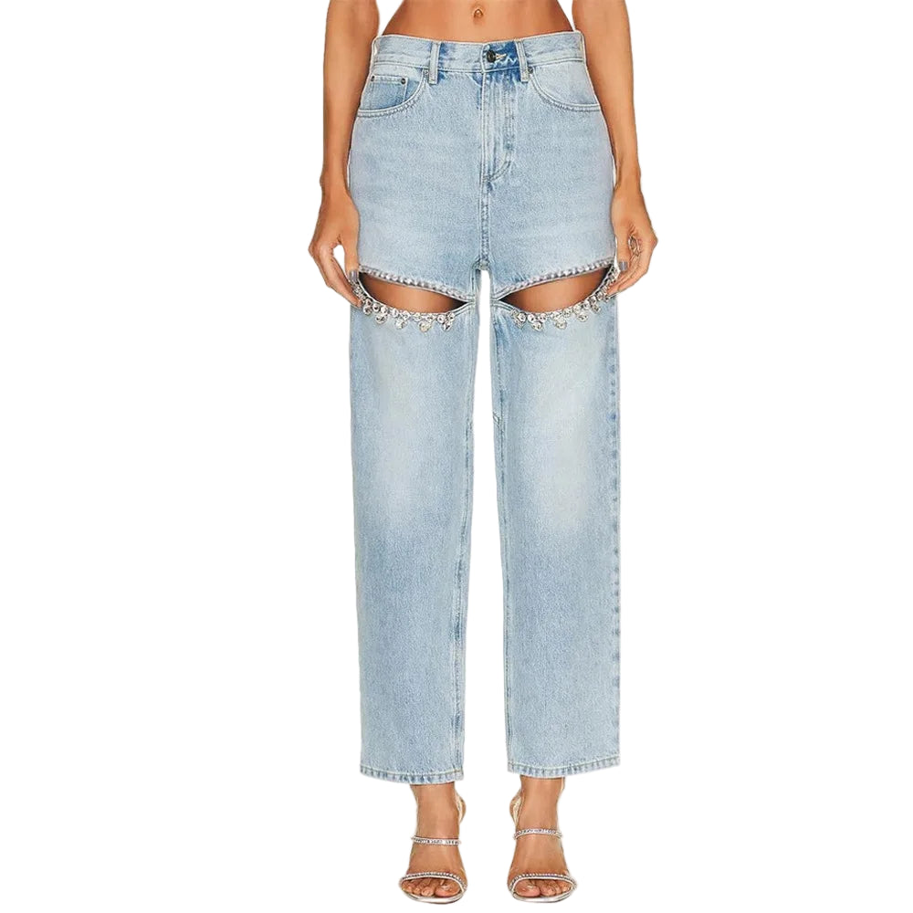 Crystal Hollow Out Wide-Leg Denim Jeans-Modern Baby Las Vegas