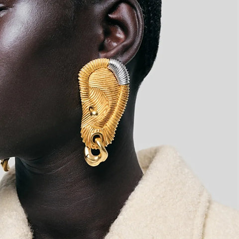 Metal Golden Plated Ear Shaped Dangle Earrings-Modern Baby Las Vegas