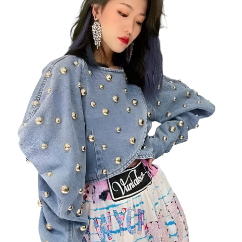 Studded Puff Sleeve Denim Top-Modern Baby Las Vegas