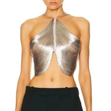 Load image into Gallery viewer, Metallic Drape Tassel Halter Top
