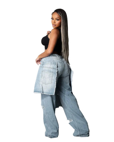 Ripped Patch Layered Denim Jeans