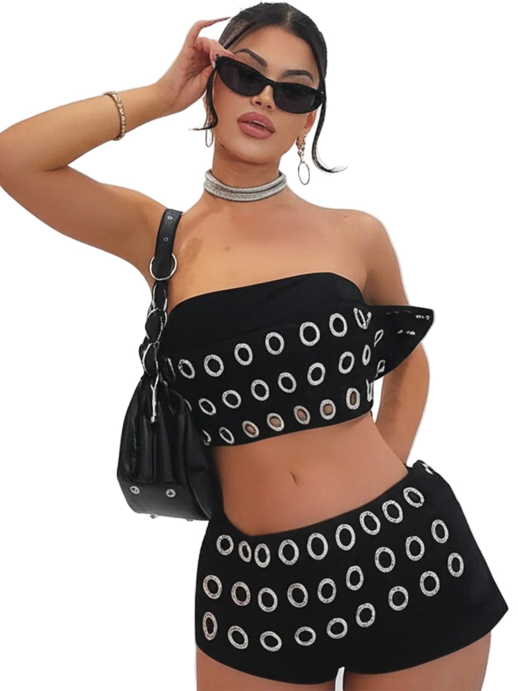 Hollow Out Metal Circle Short Set