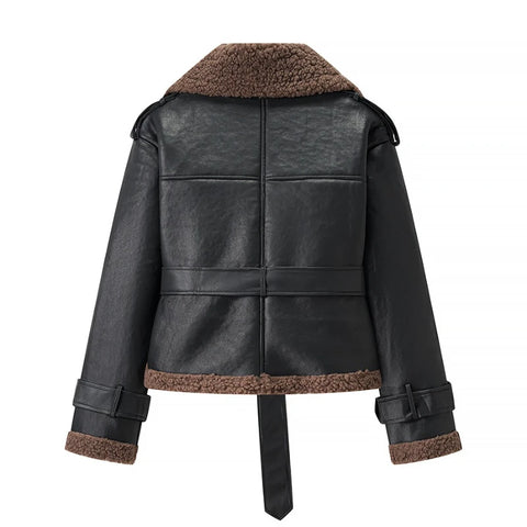 Short Teddy Belted Leather Coat