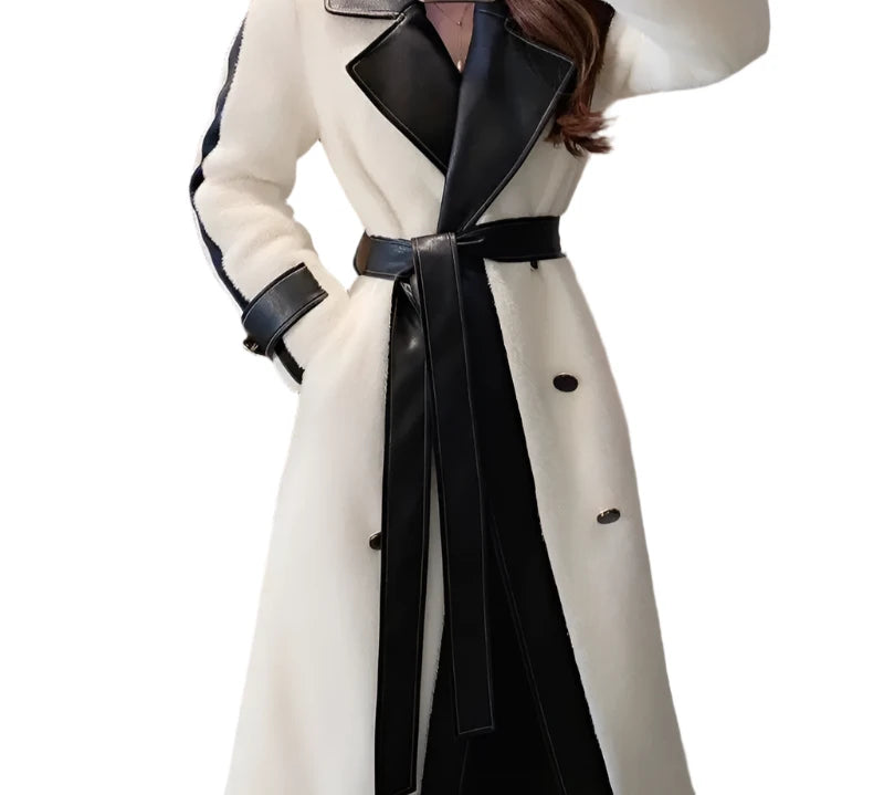 Patch Leather Wool Coat