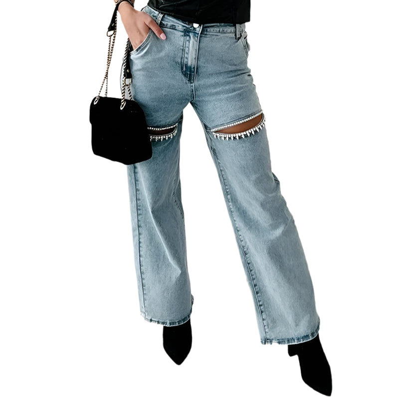 Crystal Lined Hollow Out Denim Jeans