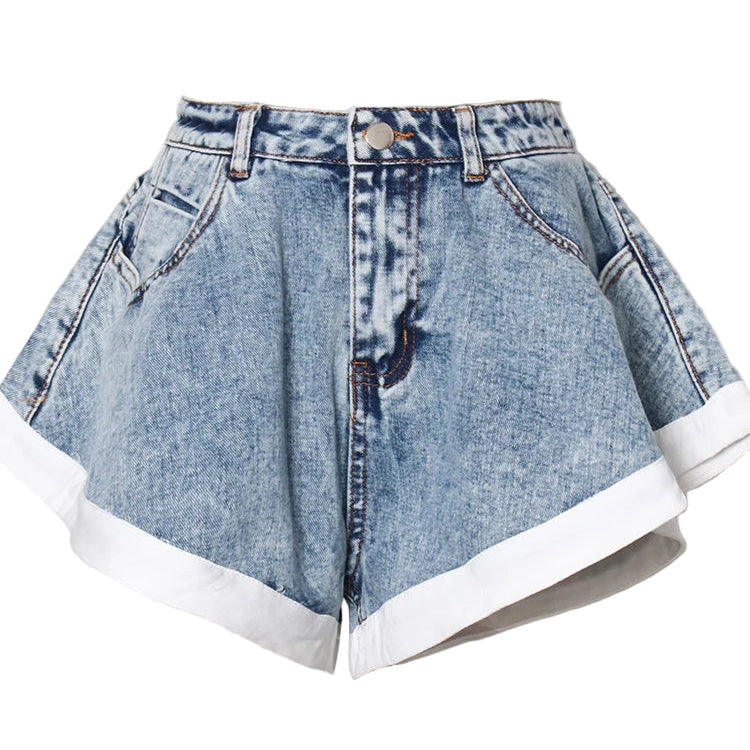 White Trimmed Flutter Denim Shorts