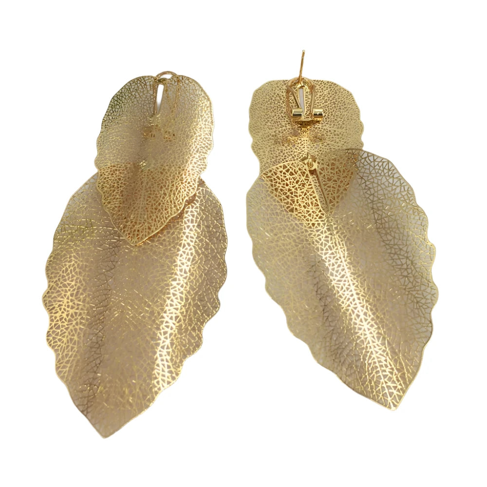 Gold Long Leaf Earrings