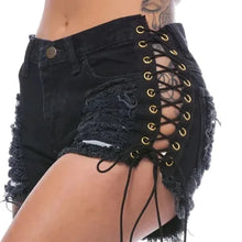 Load image into Gallery viewer, Ripped Lace Up Denim Shorts
