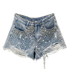 Load image into Gallery viewer, Distressed Crystal Pocket Denim Shorts-Modern Baby Las Vegas
