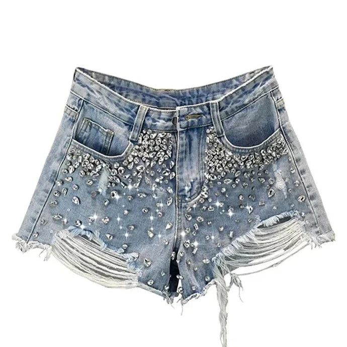 Distressed Crystal Pocket Denim Shorts-Modern Baby Las Vegas