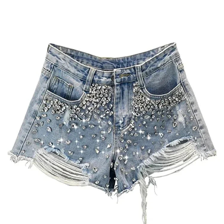 Distressed Crystal Pocket Denim Shorts-Modern Baby Las Vegas