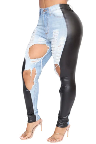 Patch Leather Ripped Denim Jeans-Modern Baby Las Vegas