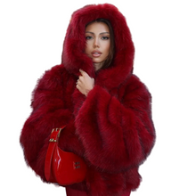 Load image into Gallery viewer, Cherry Red Hooded Fur Coat
