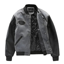 Load image into Gallery viewer, Grey Leather Sleeve Varsity Bomber Jacket
