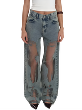 Load image into Gallery viewer, Ripped Patch Mesh Denim Jeans
