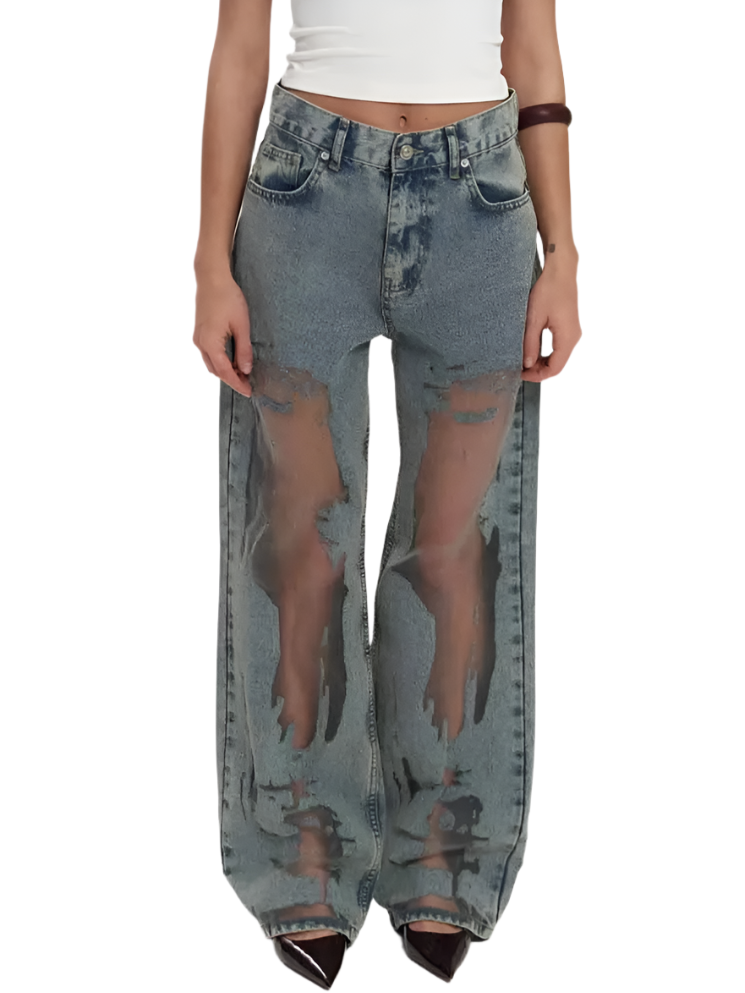Ripped Patch Mesh Denim Jeans