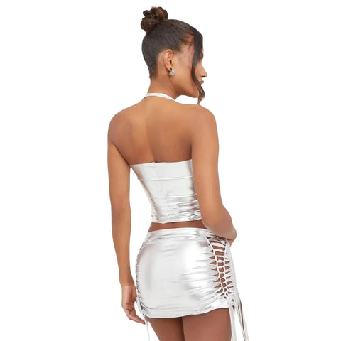 Metallic Corset Drawstring Mini Skirt Set-Modern Baby Las Vegas