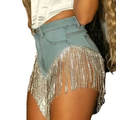 Crystal Tassel Denim Shorts-Modern Baby Las Vegas