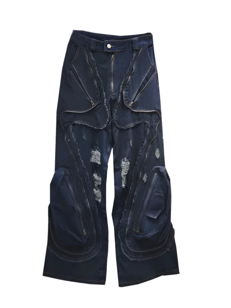 Deconstructed Zipper Pocket  Denim Jeans