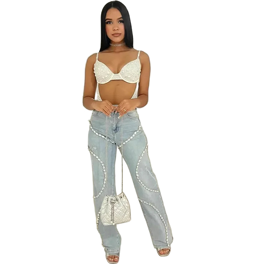 Swirl Crystal Design Denim Jeans