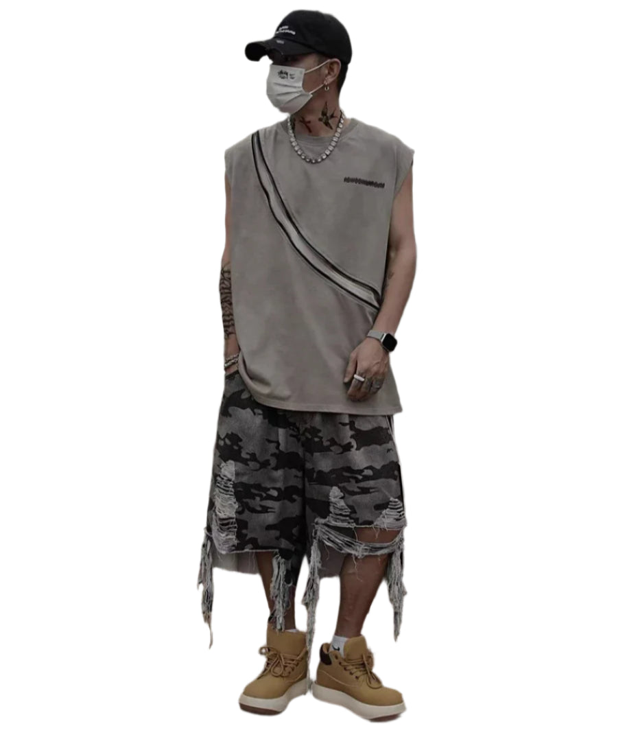 Camo Shredded Jean Shorts