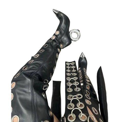 Black Metal Round Rings Over the Knee Boots-Modern Baby Las Vegas