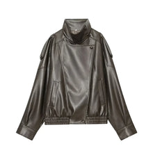 Load image into Gallery viewer, Green Stand Collar Zip-Up Leather Jacket
