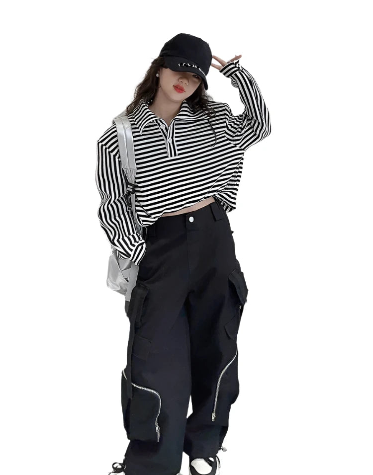 Striped Top Zipper Cargo Pant Set