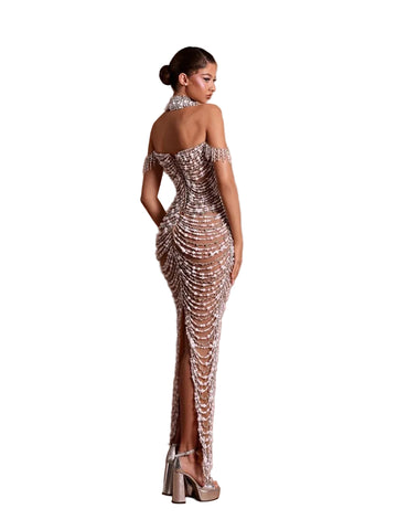 Elegant Off-Shoulder Draped Beaded Dress