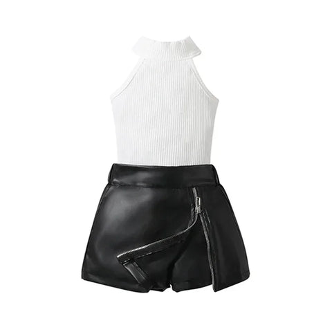Zipper Leather Skirt Set