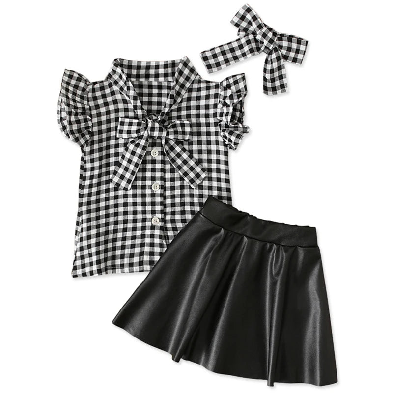 Plaid Top And Leather Skirt Set