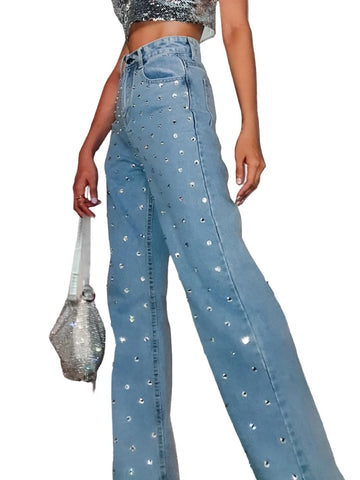 Speckled Rhinestone Wide Leg Denim Jeans-Modern Baby Las Vegas