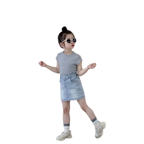 Crystal Speckled Top And Denim Skirt Set