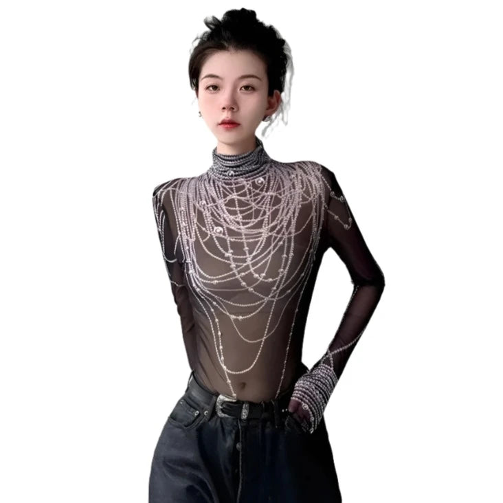 3D Pearl Print Mesh Top