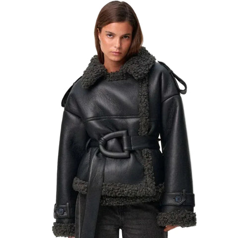 Short Teddy Belted Leather Coat