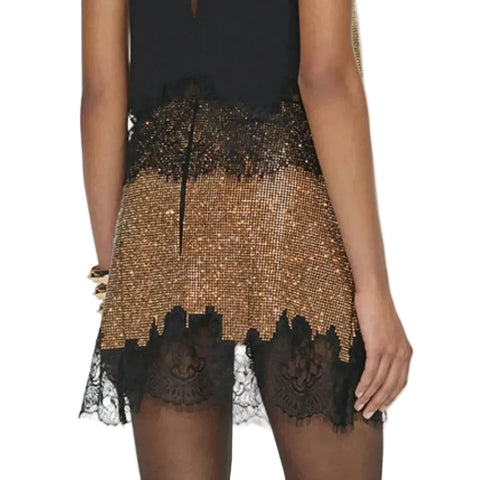 Gold Crystal Lace Patch Mini Skirt