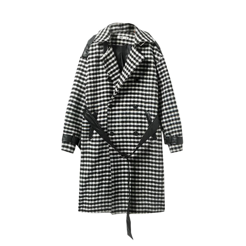 Long Patch Leather Checker Coat