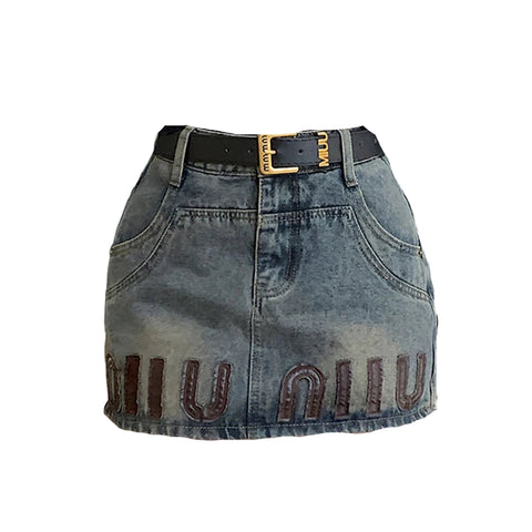 Faded Letter Patch Denim Skirt-Modern Baby Las Vegas