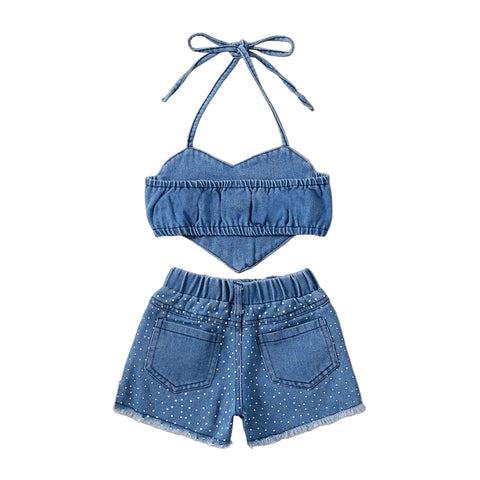 Dot Print Heart Denim Short Set