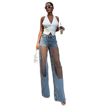 Load image into Gallery viewer, Long Hollow Out Mesh Denim Jeans
