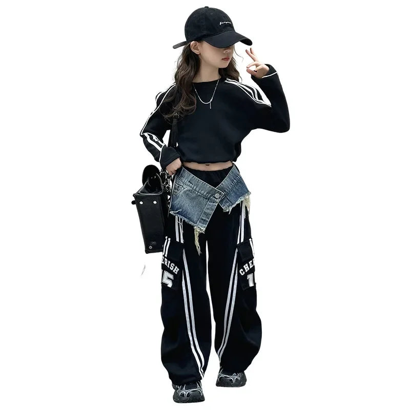 Striped Patch Denim Track Pants Set