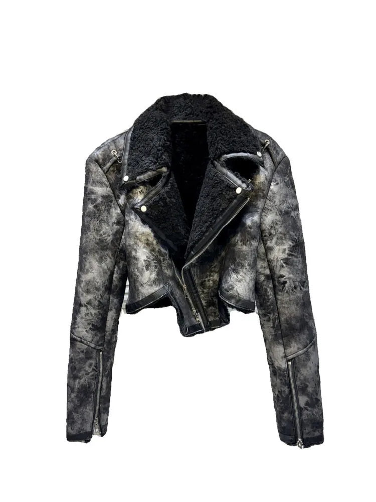 Tie-Dye Cropped Fur Leather Coat