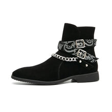 Load image into Gallery viewer, Black Suede Bandana Chain Ankle Boots

