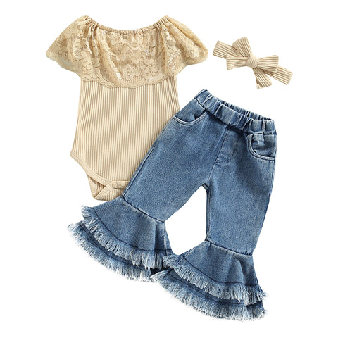 Lace Top And Flare Denim Pant Set-Modern Baby Las Vegas