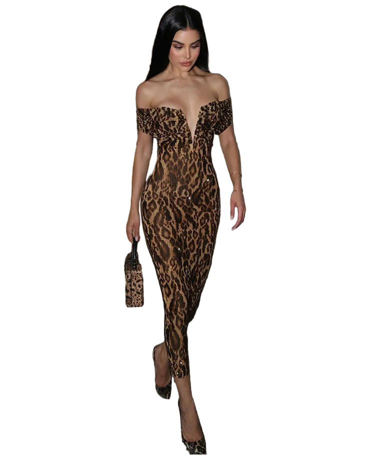 Brown Leopard Sequin Party Dress